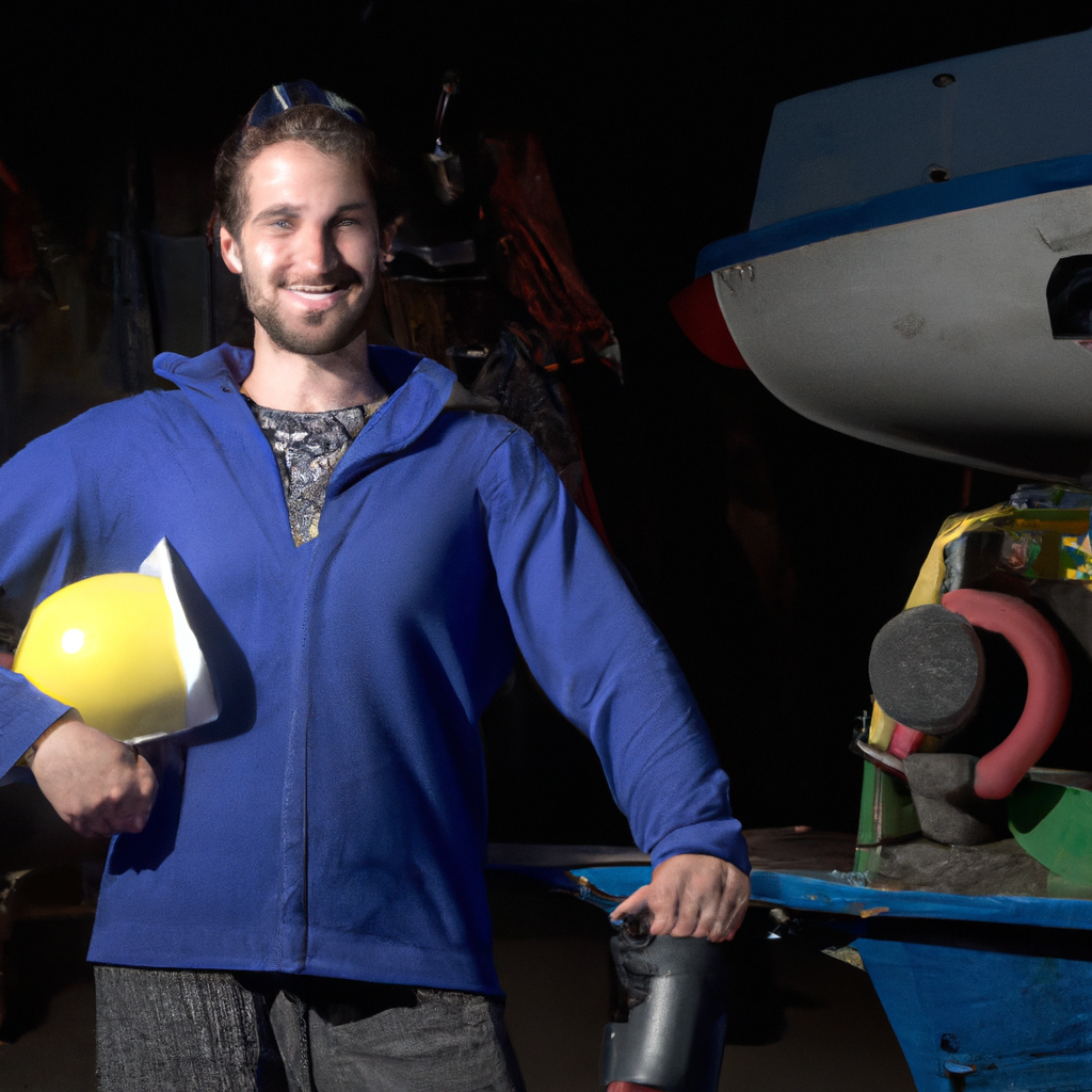 Ritratto del capo officina con casco blu in cantiere nautico